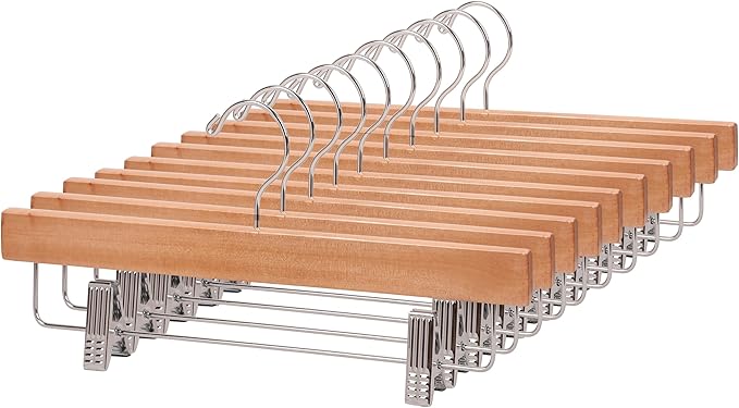 Wooden Pants Hangers, Solid Wood Bottom Jeans Skirt Hanger with 2-Adjustable Clips Anti Rust Hook Pack of 10 (Natural)-HL01NP