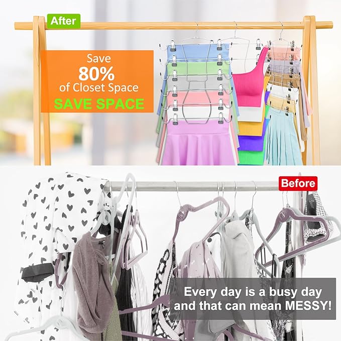 6 Tier Skirt Hangers Organizer, Metal Pants Hanger Space Saving with Adjustable Clips Holds 36 Skirts/Pants/Jeans/Shorts, 3 Pack Tank Tops Bra Hangers w/360°Rotating Hook