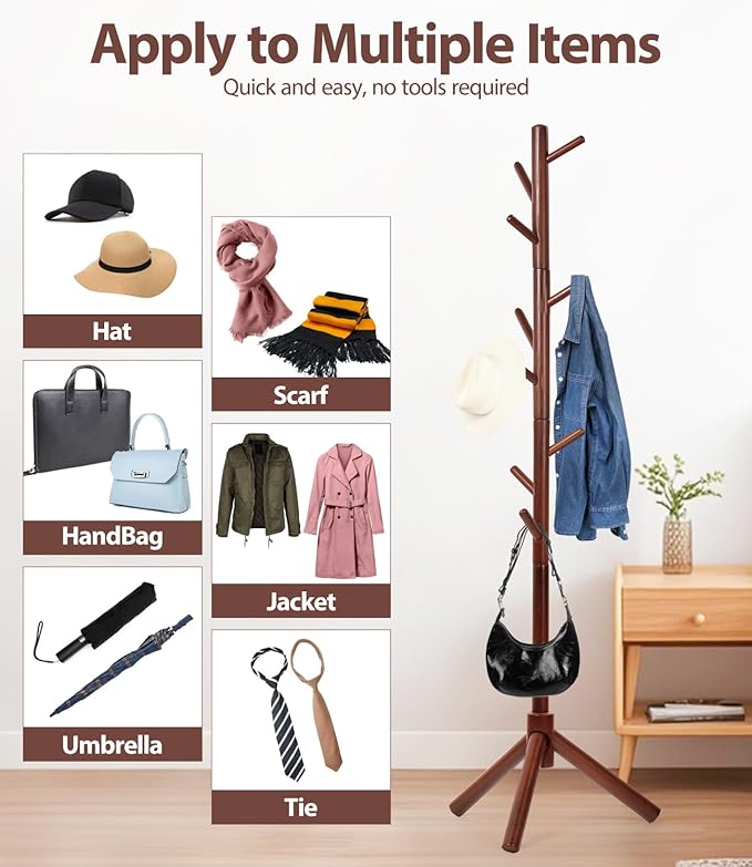 Beech Wood Coat Rack Stand with 9 Hooks, 3 Height Adjustable, simple Freestanding Solid Wooden Coat Tree Hanger for Clothes, Hats, Scarves, bags, Jackets, Bedroom, livingromm, Office(Brown)