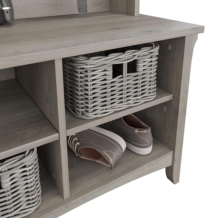 Bush Home Salinas Hall Tree with Shoe Storage Bench in Driftwood Gray, Multi-Purpose Home Organizer, Entryway Solution with Seating and Hooks