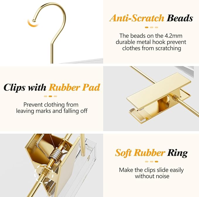 Acrylic Gold Pants Hangers 30 Pack for Trousers, Jeans, Coats, Heavy Duty Skirt Hangers for Women, Space-Saving Clothes Organizer with Non-Slip Adjustable Clips, Adults & Kids
