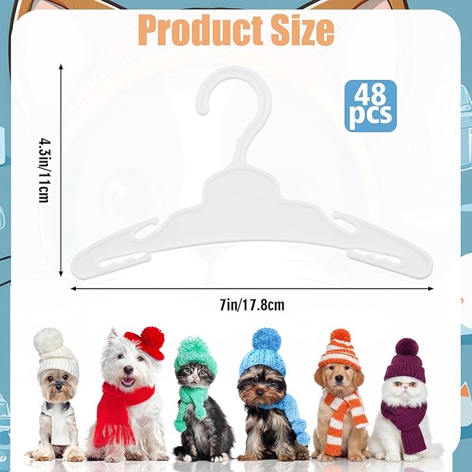 48 Pcs Dog Clothes Hangers 7 Inch Wide Non-Slip Plastic Pet Clothes Hangers Pet Clothing Holder Coat Hanger for Small Dog Cat Puppy Chihuahuas(White)