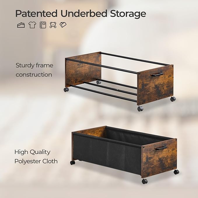 Under Bed Storage with Wheels, Wooden Under Bed Drawers On Wheels, Rolling Under Bed Shoe Storage, Space Saving, Rustic Brown,90L