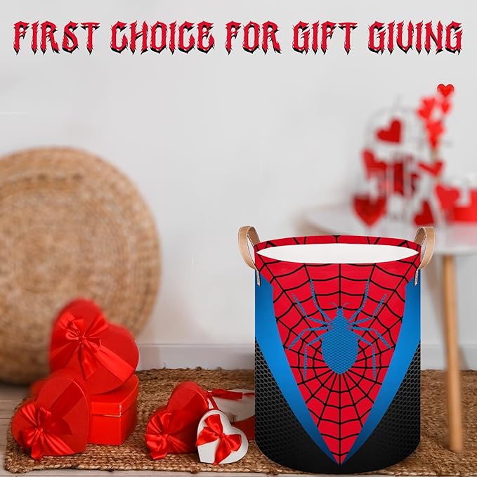 Red Spider Web Large Laundry Hamper Basket, Round Collapsible Storage Organizer Bin for Kids, Boys, Nursery, Closet, Bedroom, Playroom, Toys, Dirty Clothes, 16"W x 20"H