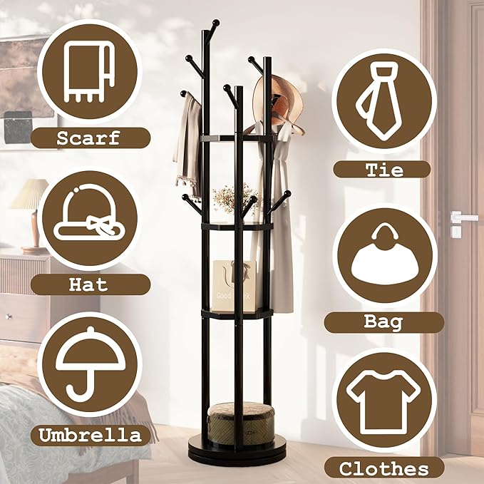 Solid Wood Coat Rack Freestanding, Rotating Coat Rack with 3 Shelves and 9 Hooks, Coat Tree for Bedroom, Entryway, Livingroom, Coat Hanger Stand for Coats, Scarves, Handbags (Black)