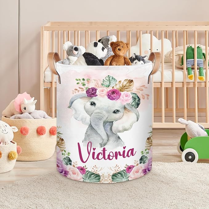 Personalized Laundry Basket, Custom Gift Laundry Hamper, Collapsible Nursery Waterproof Laundry Baskets, Dirty Clothes Toy Hamper with Handles Tropical Elephant
