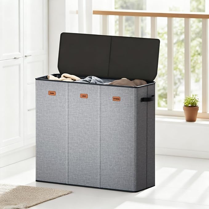 185L Laundry Hamper 3 Section with Lid, Grey Hamper 3 Compartment with 3 Removable Laundry Bags, Large Laundry Basket for Bedroom, Laundry Room, Dorm