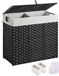 Greenstell Laundry Hamper with lid, No Install Needed, 130L Wicker Laundry Baskets Foldable 2 Removable Liner Bags, 2 Section Clothes Hamper Handwoven Rattan Laundry Basket with Handles, Black