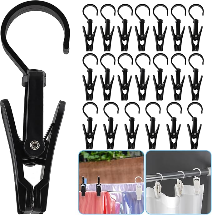 20 PCS Laundry Hooks with Clips Super Strong Plastic Home Travel Swivel Hanging Hanger Closet Organizer Clamps Socks Boot Bras Towels for Bathroom Wardrobe Kitchen Office (Black)