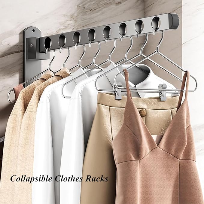 2 Pack Stainless Steel Clothes Hanger Drying Racks, Wall Mount Folding Garment Racks, Black Coat Hanger Racks, Space Saver Clothing Closet Rack Storage Organizer for Laundry Bedroom Bathroom(15.75 in)