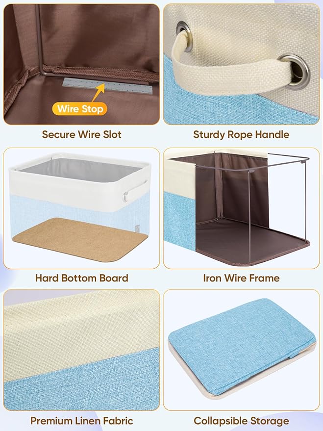 BALEINE 1 Pack Fabric Storage Bins for Shelves, Linen Storage Baskets for Organizing, Decorative Closet Bins for Clothes, Home (Skyblue, 12"x8"x8")