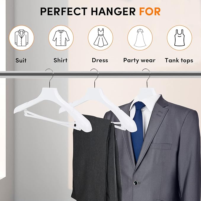 DEDU Suit Hangers for Men 40 Pack, White Coat Hangers Extra Wide Non Slip Width 17.7", Thick Plastic with Pants Bar & Metal Hook
