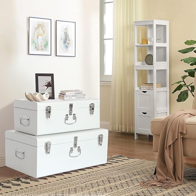 Vixdonos Decorative Large Metal Box Storage Trunk Chest Set of 2 College Dorm Organizer with Hardware Hasps and Handle for Home Deocr,23.7X14.2X9.5 Inches