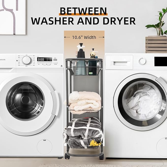 Rolling Laundry Cart with Wheels, 3-Tier Laundry Caddy Between Washer and Dryer, Heavy Duty Rolling Laundry Basket with 45L Bag for Narrow Space Laundry Room, Bathroom, Bedroom, Gray