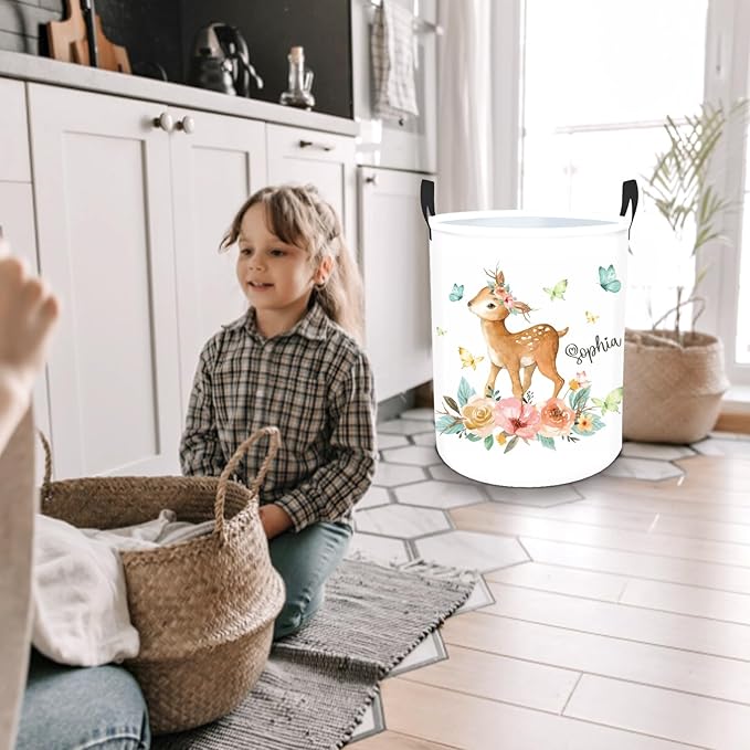 Custom Name Deer Laundry Baskets for Nursery Utility Room, Personalized Toddler Laundry Basket with Name, Customize Baby Name Laundry Hamper Kids Storage Organizer 2 Sizes