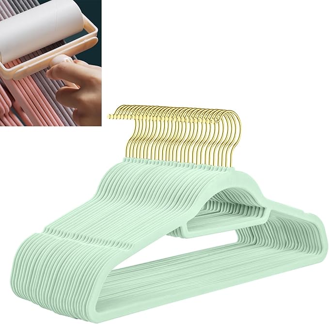 Velvet Hangers,Felt Hangers,Non-Slip Clothes Hanger, Multifunctional Space Saving Clothes Hangers for Wedding Dress & Dress Clothes(Light Green 1,40pcs)