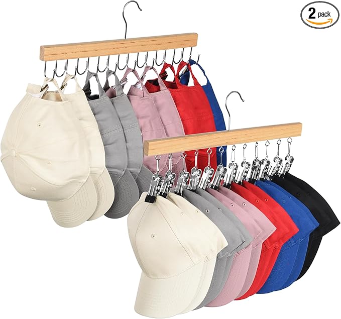 OTraki Hat Hangers for Closet, 2 Pack Wooden Hat Organizer Hanger Rack for Baseball Caps with 10 Clips and 16 Hooks, Baseball Hat Holder for Closet Storage Fits All Caps