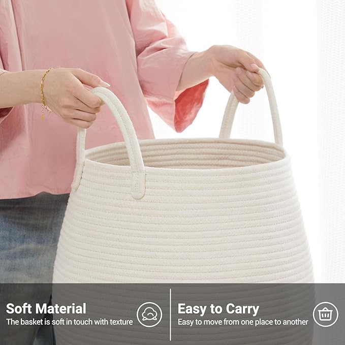 Fiona's magic Cotton Rope Laundry Hamper Basket, 65L Woven Large Laundry Basket, Tall Dirty Clothes Hamper for Storage Blankets, Toys in Bedroom, Living Room Organizing-Collapsible-Beige