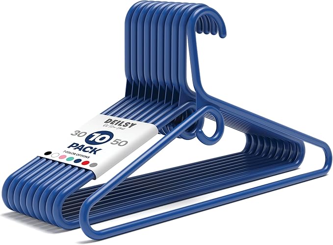 DEILSY™ Navy Heavy Duty Hangers with Hooks for Scarves & Belts – Thick and Strong Clothes Hangers for Shirts, Jackets, Pants, and Dresses – Space-Saving Plastic Hangers – Pack of 10