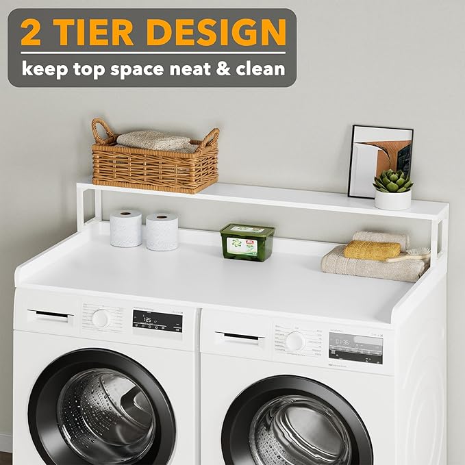 SpaceAid 2-Tier Washer Dryer Countertop, Laundry Topper with Rack Shelf 54" Width x 27.5" Depth x 10" Height Organizer Cover for Washer and Dryer Laundry Hamper Counter Storage (White)