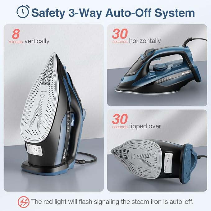 Steam Iron for Clothes 12s Fast Heat-up, 1500W Iron with 13.21oz Water Tank, 3-Way Auto shutoff, Burst Steam, Spray Mist, Anti-Drip, Self-Cleaning, Vertical Ironing for Home