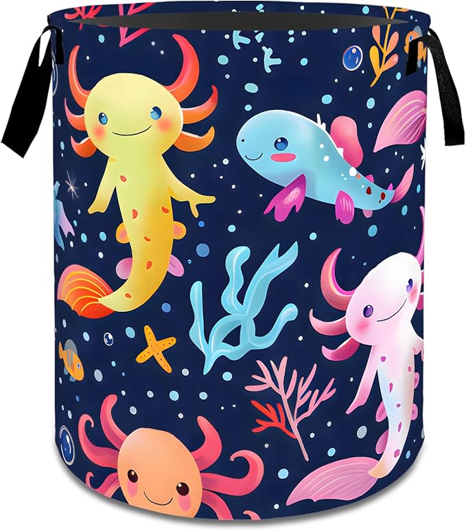 Colorful Axolotl Laundry Basket,Dirty Clothes Hamper,Underwater Marine Life Storage Bin,Ocean Lovers Gifts,Waterproof Oxford Cloth Baskets for Bathroom,Bedroom,Home Decoration(19.7" x 15.8")