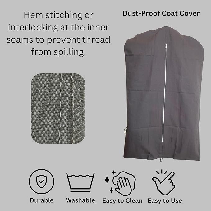 Premium 100% Cotton Garment Bags – 60" Gray Canvas Suit Cover with YKK Zipper – Breathable, Dust-Proof Storage for Suits, Coats, Dresses, Jackets & Travel/Closet Use