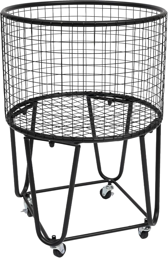 Rolling Laundry Basket Cart, Metal Laundry Hamper with Wheels, Laundry Organizer Basket Cart, Clothes Storage Organizer Hamper for Living Room,Bathroom,Closet (Black, Round)