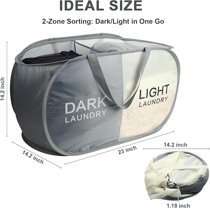 Seefoo 2-Section Collapsible Laundry Baskets, Dual Compartment Foldable Pop Up Hamper with Handles, Dark/Light Labels for Sorting, Compact & Lightweight for Laundry Room, Bedroom, Dorm, Bathroom
