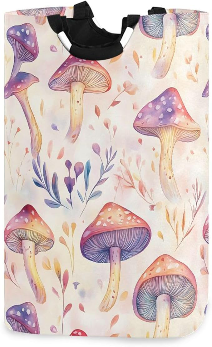 xigua Watercolor Cute Mushrooms Large Laundry Hamper with Handle, Foldable Clothes Hamper Collapsible Storage Basket for Toys and Clothes Organization in Bedroom, Bathroom, and Laundry Room