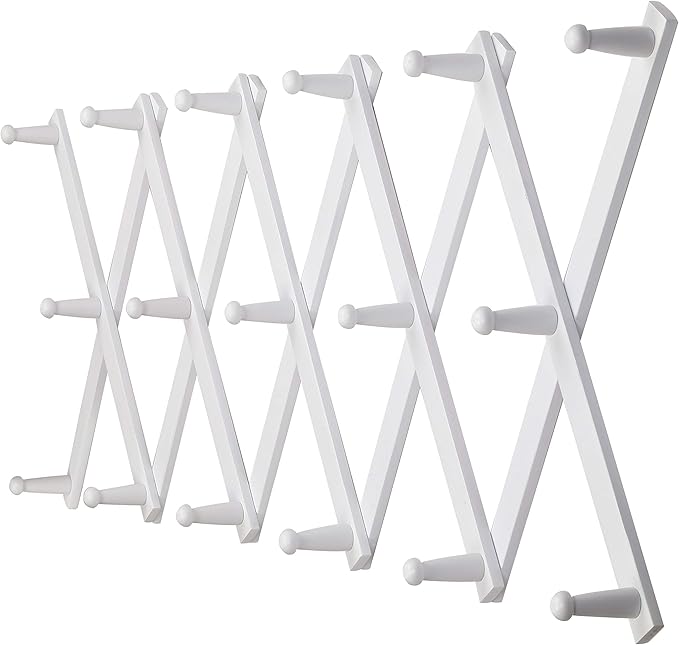 Dseap Accordian Wall Hanger: 16” High Wooden Wall Expandable Coat Rack, Hat Rack Holder, Accordion Hook for Baseball Caps, Coats, Mugs, 17 Peg Hooks, White