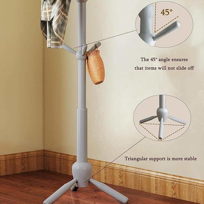 Solid Wood Coat Rack Stand, Vintage Heavy Duty Coat Hanger Stand with 9 Hooks, 3 Adjustable Size Sturdy Coat Tree for Living Room, Entryway, Office, Hallway, Grey