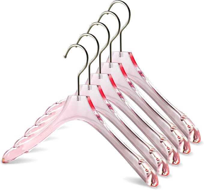 Acrylic Pink Clothes Hangers for Shirts/T-Shirts with Durable 360 Degree Silver Hook | Notched Shoulders | Premium Quality Acrylic Hangers | 5 Pack