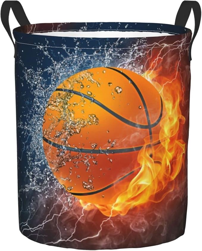 Dujiea Basketball Ball in Fire and Water Laundry Basket Round with Handle, Collapsible Foldable Canvas Storage Bin Dirty Clothes Bag for Laundry/Toys Organizer/College Dorm/Nursery/Decor(2 Sizes)