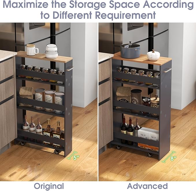 Giantex 4 Tier Rolling Slim Storage Cart, 8" Narrow Slide Out Kitchen Cart w/Handle & Open Shelves, Space-Saving Compact Mobile Utility Trolley for Small Space Laundry Room (Grey & Natural)
