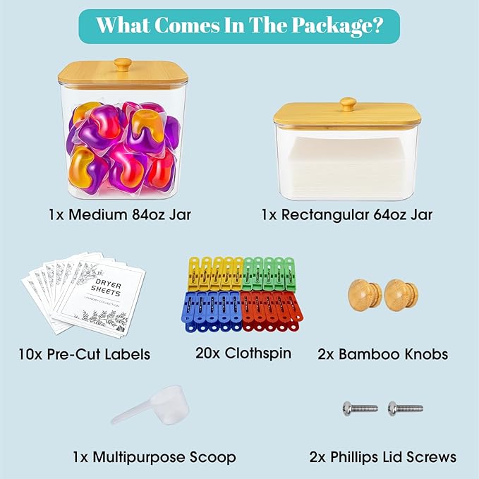 1+1 Laundry Pods Container and Dryer Sheet Holder Set, Clear Laundry Room Organization Containers with Bamboo Lids, Scoops, 10 Labels & 20 Clothespins, Laundry Containers for Pods and Powder
