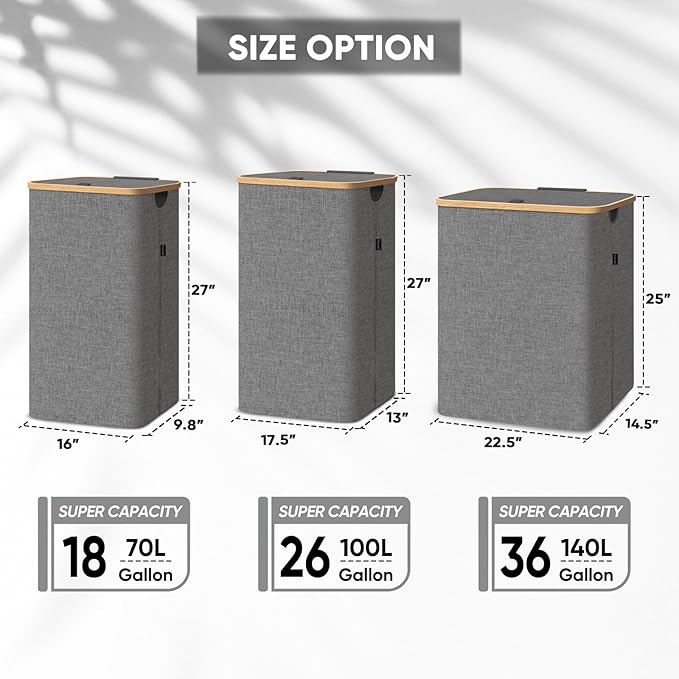 BALEINE Laundry Hamper with Lid, Tall Laundry Baskets with Bamboo Pull Handles, Large Laundry Bin with Internal Support (18 Gal/70L, Green)