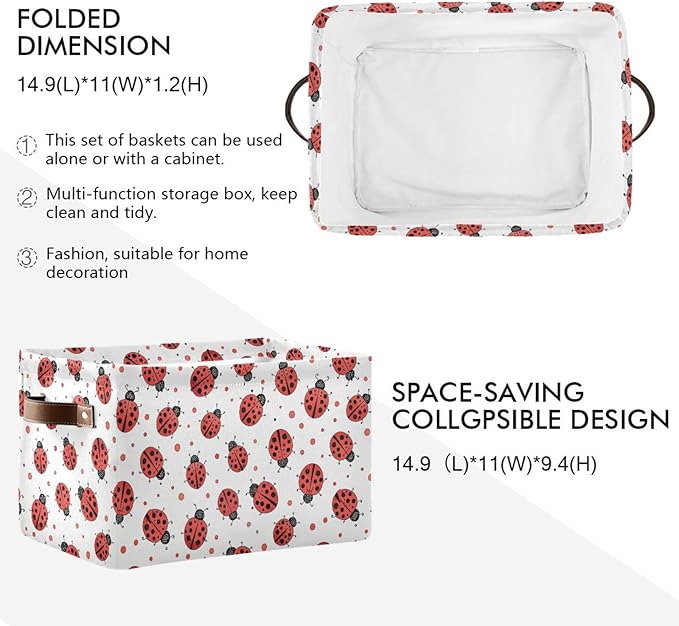 Ladybug Storage Basket Bin, Large Cube Storage Box Canvas Collapsible Storage Organizer for Home Office Closet, 2 Pack - 15 L x 11 W x 9.5 H