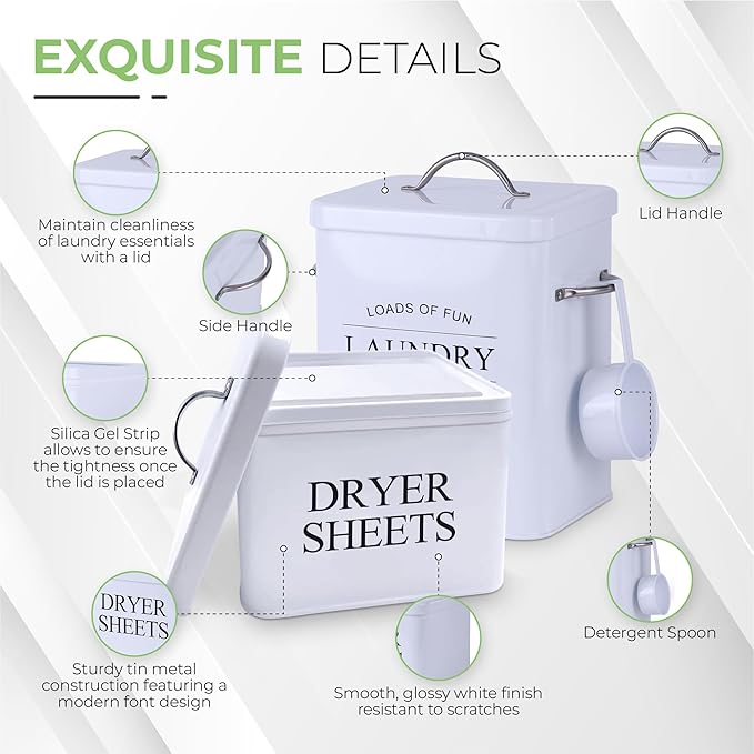 2 Pack Laundry Detergent Container and Dryer Sheet Holder Dispenser with hermetic seal,Farmhouse Laundry Room Organization Containers, Large Metal Laundry Detergent Powder Storage with Scoop