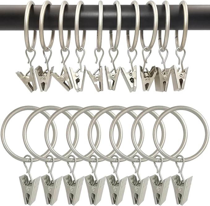 100 Pack Matte Silver Curtain Rings with Clips, Curtain Hooks Hangers Clip Rings for Hanging Drapes Bows Hat, Drapery Rings 1.26 in I D, Fits up to 1 in Diameter Curtain Rod.