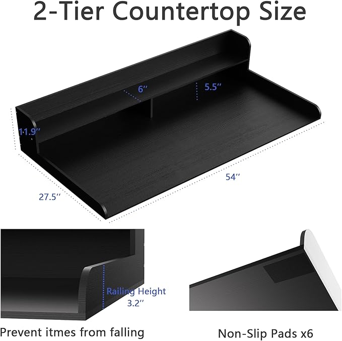 Fabuday 2-Tier Wood Washer Dryer Countertop with Shelf - Two Layers Laundry Topper for Storage & Organization, 54''x27.5''x11.9'' Counter Table with Edge Over Washing & Dryer, Charcoal Black