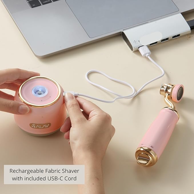 SALAV® Retro Edition 2-in-1 Rechargeable Fabric Shaver and Lint Roller, 6-Blade System, Removes Fuzz and Pilling on Fabrics, Includes Charging Cable (Rose)