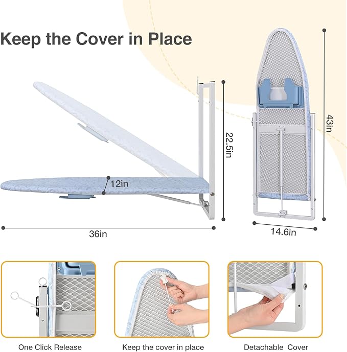 KINGBOARD Wall Mounted Ironing Board with Iron Holder, Compact Ironing Board for Small Spaces, Foldable Iron Stand Heat Resistant Cover, 36" X 12" Light Blue