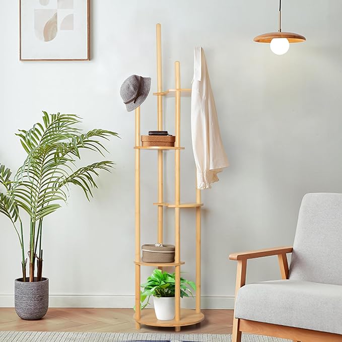 Bamboo Coat Rack Freestanding with 5-Tier Shelf, Coat Hanger Stand for Clothes/Bags/Hats, Home Office Hallway Entryway Storage Display Rack Stand with 4 Hooks 5 Storage Shelves