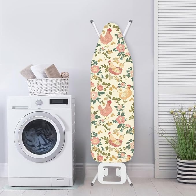 Rooster Chicken Flowers Standard Size Iron Pad Covers Tolerates High Temperature Anti-Dirty Ironing Board Replacement Cover with Hook and Loop Fastener Strap