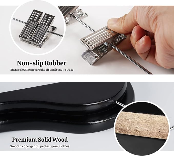 HOUSM Wooden Suit & Skirt Hangers with Heavy-Duty Clips, Premium Solid Wood Pants Hangers, Smooth Finish - Black, 16Pack for Coats, Jeans, Blouses