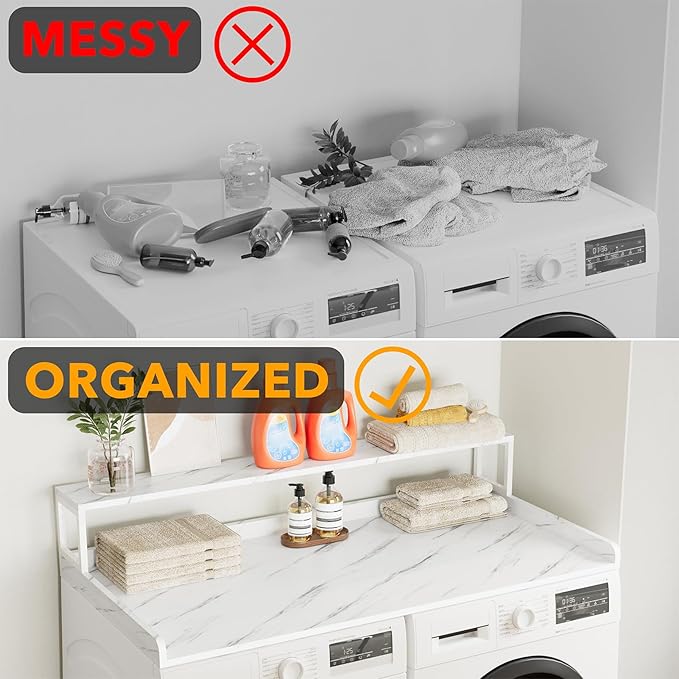 SpaceAid 2-Tier Washer Dryer Countertop, Laundry Topper with Rack Shelf 54" Width x 27.5" Depth x 10" Height Organizer Cover for Washer and Dryer Laundry Hamper Counter Storage (White Marble)