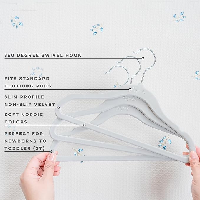 3 Sprouts Velvet Baby Hangers - Non-Slip Hanger for Infant, Toddler, Baby Clothes - Closet Kids Hangers with Slim Design, Nordic Colors, Pack of 30 - Gray