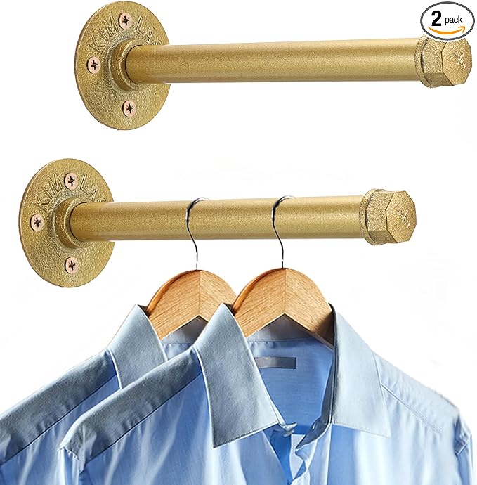 Sumnacon 2 Pcs 10 Inch Industrial Pipe Clothes Bar - Heavy Duty Rustic Metal Coat Hanger with Screws,Wall-Mounted Garment Holder Rack for Bedroom Bathroom Wardrobe Boutique Clothing Store,Gold