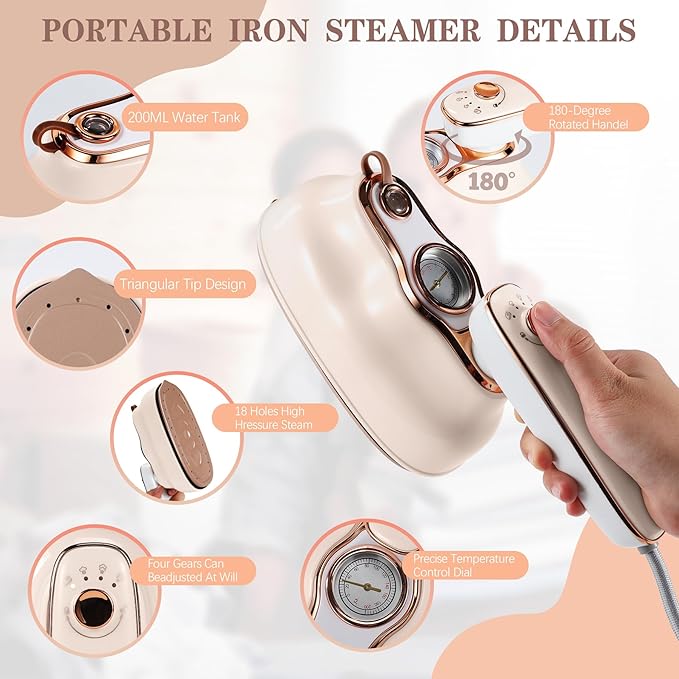 VAYALT Mini Steamer Travel Iron for Clothes, 180° Rotating Handheld Steam Iron, Two Ironing Modes, Three steam levels, 15 Seconds Quick Preheat, Suitable for Dormitory, Home and Travel(Beige)